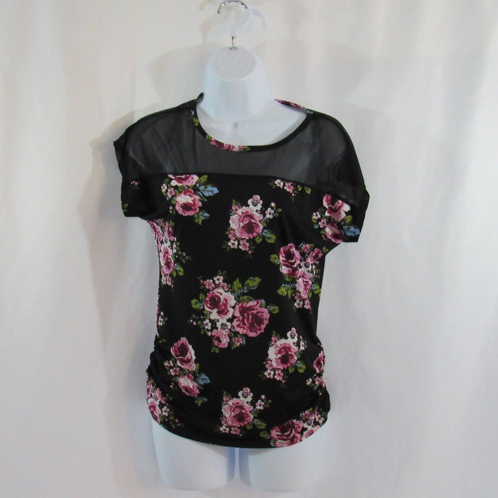 Women's Black, Floral Print, Pullover, Stretch Polyester Top - Size S - DISCREET